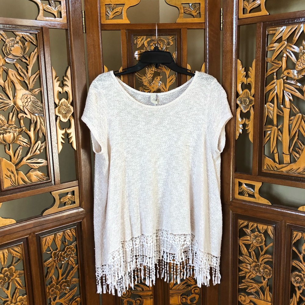 Paper Crane Sheer Knit Fringe Hem Top